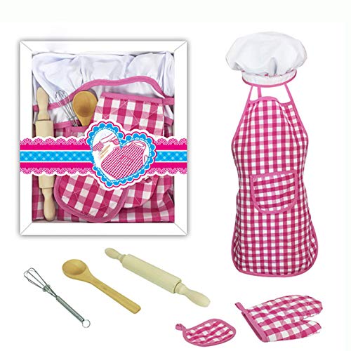 Queta Juego de Cocina Kids, Juego de rol de Cocina para niños, 11 Piezas Juego de Disfraces con Disfraz, Gorro de Cocinero, Guante para Horno y Accesorios de Cocina Regalo para niños (Rosa)