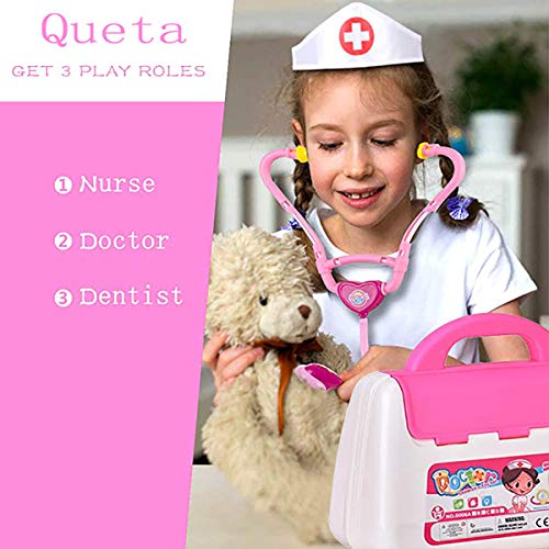 Queta Kit Doctor Toy Doctor Kit de niños 18 Piezas Maletín de Doctor Medico Doctor Juego de rol Juguete para niños pequeños 3+ años (Rosa)