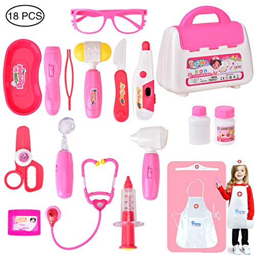 Queta Kit Doctor Toy Doctor Kit de niños 18 Piezas Maletín de Doctor Medico Doctor Juego de rol Juguete para niños pequeños 3+ años (Rosa)