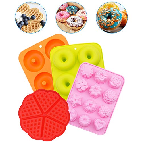 Queta Moldes de Silicona Donut, 4 Piezas Molde Silicona Reposteria con Waffle Mold Silicona Horno Cacerola para Gofres, Galletas, Rosquillas, Magdalenas, Pasteles