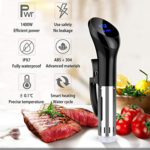 Queta Sous Vide Cocina, Olla de Cocción Lenta 1400W, Cocción a Baja Temperatura, IPX7 a Prueba de Agua, con 9 Bolsas de Vacío Reutilizables y Bomba de Succión Manual