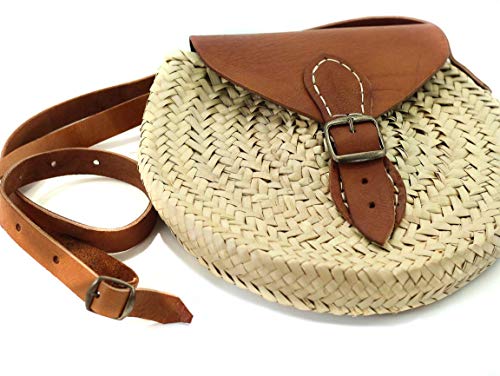 Quickboxx Bolso Rafia y Cuero Natural Yute Redondo Trenzado Capazo de Mimbre para Playa Bandolera de Mujer Cierre de Cinturón Artesanal