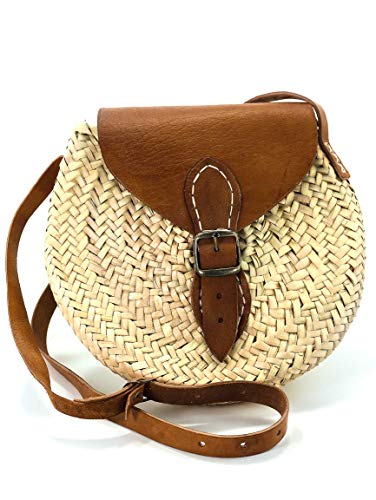 Quickboxx Bolso Rafia y Cuero Natural Yute Redondo Trenzado Capazo de Mimbre para Playa Bandolera de Mujer Cierre de Cinturón Artesanal