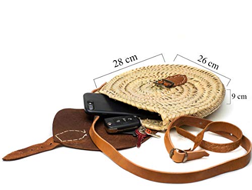 Quickboxx Bolso Rafia y Cuero Natural Yute Redondo Trenzado Capazo de Mimbre para Playa Bandolera de Mujer Cierre de Cinturón Artesanal