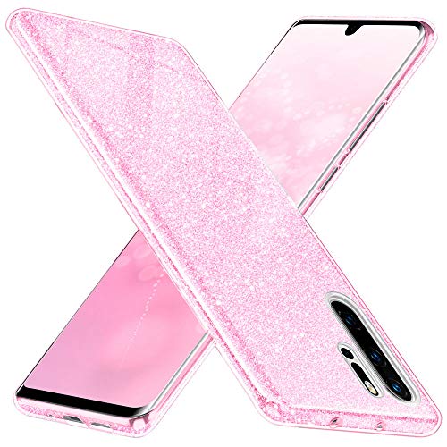 Qult Carcasa para Móvil Compatible con Funda Huawei P30 Pro Rosa Brillante Silicona Dura Bumper Teléfono Brillar Purpurina Caso para Huawei P30 Pro Pink