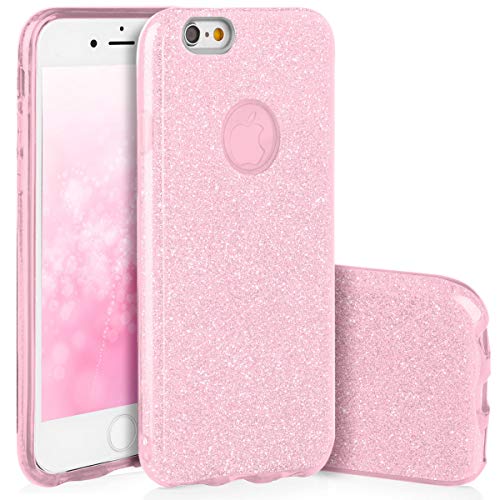 Qult Carcasa para Móvil Compatible con iPhone 6, iPhone 6S Funda Silicona Rosa Brillante Dura Bumper Teléfono Brillar Purpurina Caso para iPhone 6, 6S Pink