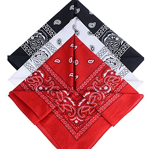 QUMAO Pack de 3 Pañuelos Bandanas de Modelo de Paisley para Cuello/Cabeza Multicolor Múltiple 100% Algodón para Mujer y Hombre (Pack de 3; Negro&blanco&rojo)