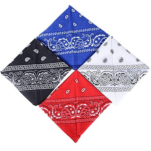 QUMAO Pañuelos Bandanas de Modelo de Paisley para Cuello/Cabeza Multicolor Múltiple para Mujer y Hombre (Pack de 4; Negro&blanco&rojo&azul)