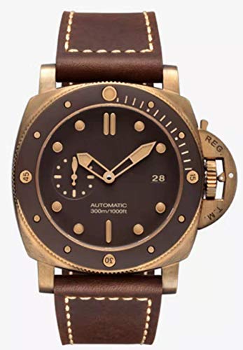 QWERTU Clásico Nuevo Hombre Automático Mecánico Zafiro Acero Inoxidable Bisel de Cerámica Cuero Marrón Bronce Luminoso Carbotech Relojes