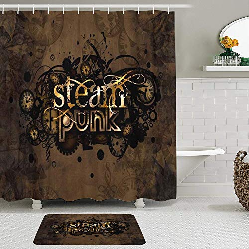 QYUESHANG Juegos de Cortinas de baño con alfombras Antideslizantes, Marrón Resumen Steam Punk Símbolo Signo Envejecido Reloj Otoño,con 12 Ganchos