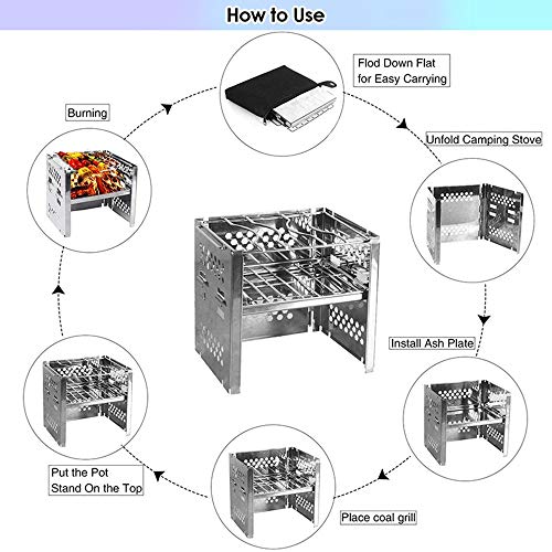 QYWSJ Parrilla de La Barbacoa del Carbón de Leña, Parrilla de Barbacoa Plegable de Acero Inoxidable Compacta, Portátil para Cocinar Al Aire Libre,Camping,Senderismo,Picnics,Supervivencia