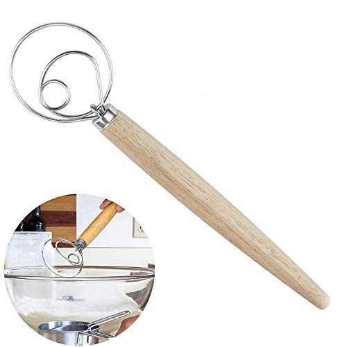 QZH Masa de Acero batidor de Mano amasadora de Acero con Mango de Madera para Hornear Pan Accesorios Mezclador para Hornear tortas de Masa fermentada Postre Pizza Pasteles