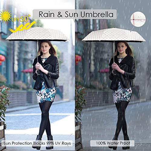 Rainbrace Sombrilla Paraguas Plegable Compacto para el Sol & Lluvia 99% de Protección UV con Revestimiento Anti-UV Negro, UPF50+，Abrir y Cerrar Automáticamente A Prueba de Viento, Blanco