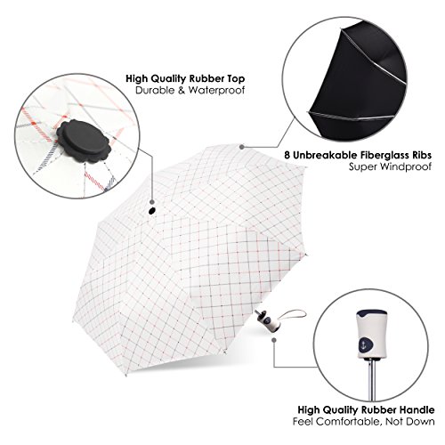 Rainbrace Sombrilla Paraguas Plegable Compacto para el Sol & Lluvia 99% de Protección UV con Revestimiento Anti-UV Negro, UPF50+，Abrir y Cerrar Automáticamente A Prueba de Viento, Blanco