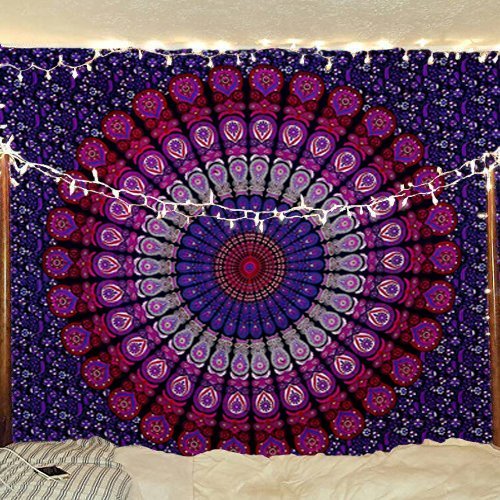 RAJRANG BRINGING RAJASTHAN TO YOU Mandala Tapicería - Hippie Colgar de la Pared Bohemia Colcha Manta de Algodón Decoración del Dormitorio - Rosado y Purpura - 213 x 137 cm