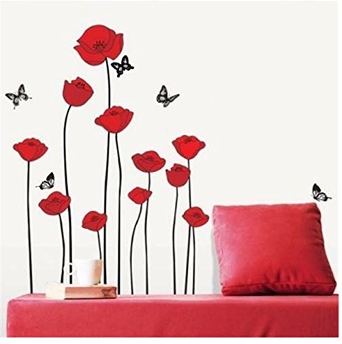Rama de flores rojas amapolas Flores Tatuajes de pared Pegatinas Calcomanías Decoración del hogar Elegantes flores modernas Decoración de dormitorio vivo Cocina