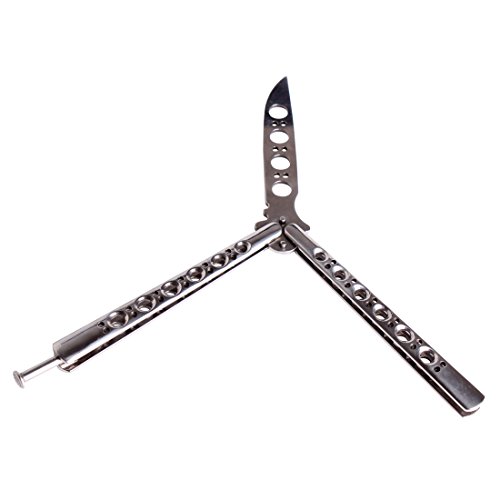 Ran's L Cuchillo Mariposa Práctica Trainer Cuchillo de Entrenamiento Balisong sin Tornillos, no se Soltará, Plata CS/HDD17 (Cuchilla con Agujeros)