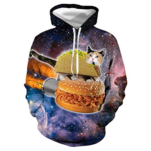 Rave on Friday Sudadera con Capucha 3D Gato Estrella y Hamburguesa Sweatshirt Imprimió Hoodie Manga Larga Pull-Over con Capucha Camisa Pareja Fiesta de Navidad XXL