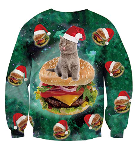 Rave on Friday Ugly Christmas Impresión Hamburguesa y Gato Gráfico Sudaderas Personalizado Festival Fiesta Baile Peso Ligero Suéter Pulover Hombre XL