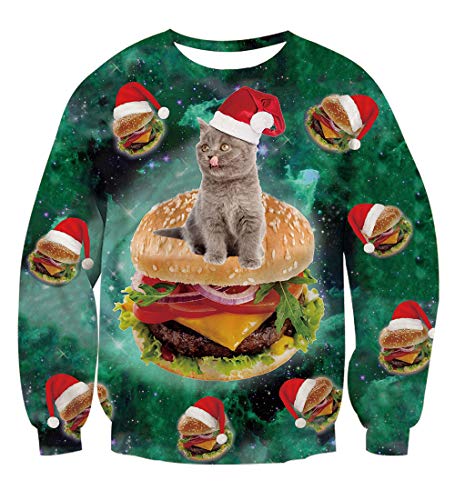 Rave on Friday Ugly Christmas Impresión Hamburguesa y Gato Gráfico Sudaderas Personalizado Festival Fiesta Baile Peso Ligero Suéter Pulover Hombre XL