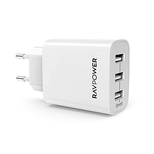 RAVPower Cargador Móvil con 3 Puertos USB (30W 5V/6A) Máxima de 2,4A Cada Puerto Compatible con iPhone 11 Pro MAX XS MAX XR X 8 Plus iPad Pro Air Mini Samsung LG Huaiwei Xiaomi Blanco