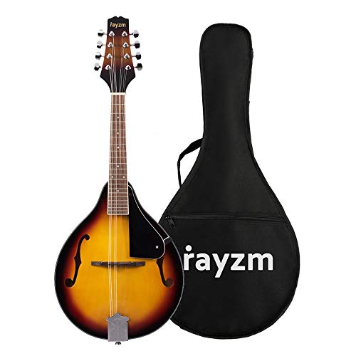 Rayzm Mandolina Tradicional Bluegrass en Color Sunburst Tostado con Funda Acolchada de Conciertos, Una Mandolina Acústica de 8 Cuerdas , Cuerpo de Tilo, Diapasón de Nogal y Mástil de Caoba