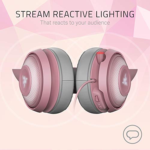 Razer Kraken Kitty Auriculares para juegos (auriculares Cat Ear con iluminación cromática RGB, micrófono con reducción de ruido activa, audio espacial THX, controles en el audífono), Quartz / Rosa