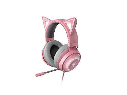 Razer Kraken Kitty Auriculares para juegos (auriculares Cat Ear con iluminación cromática RGB, micrófono con reducción de ruido activa, audio espacial THX, controles en el audífono), Quartz / Rosa