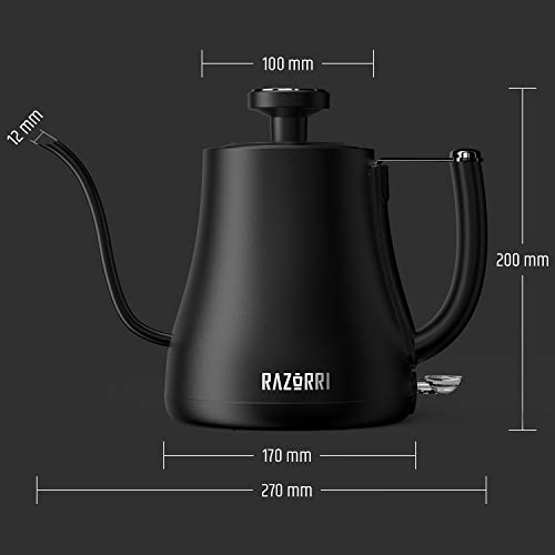 Razorri RCKM1KA Hervidor de acero inoxidable | Hervidor de café con termómetro de cuello de cisne | Función de cocción rápida y apagado automático | Tetera, 0.7 litros, 1000 vatios, negra