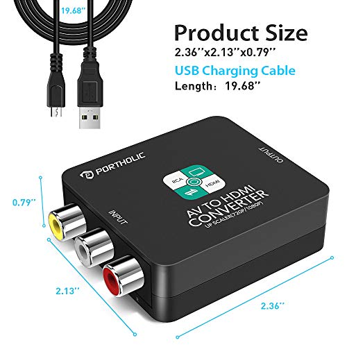 RCA a HDMI Adaptador, PORTHOLIC 1080P AV a HDMI Convertidor de Video con Cable USB, PAL/NTSC para PC Laptop PS3 PS4 Switch Xbox One TV STB VCR BLU-Ray Sky HD VHS DVD HDTV Cámara