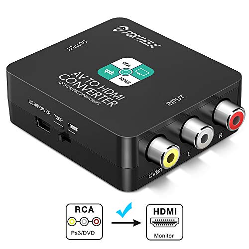 RCA a HDMI Adaptador, PORTHOLIC 1080P AV a HDMI Convertidor de Video con Cable USB, PAL/NTSC para PC Laptop PS3 PS4 Switch Xbox One TV STB VCR BLU-Ray Sky HD VHS DVD HDTV Cámara