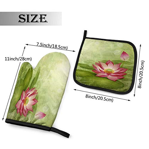 Rcivdkem Oven Mitt and Pot Holders, 2 Piece Set, Lotus Pink Flowers Vintage Cotton Lining Waterproof BBQ Gloves