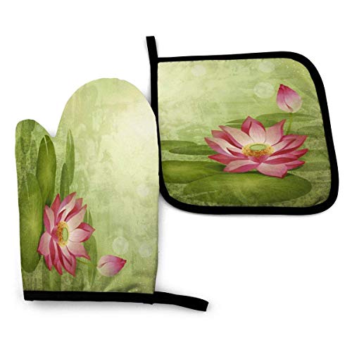 Rcivdkem Oven Mitt and Pot Holders, 2 Piece Set, Lotus Pink Flowers Vintage Cotton Lining Waterproof BBQ Gloves