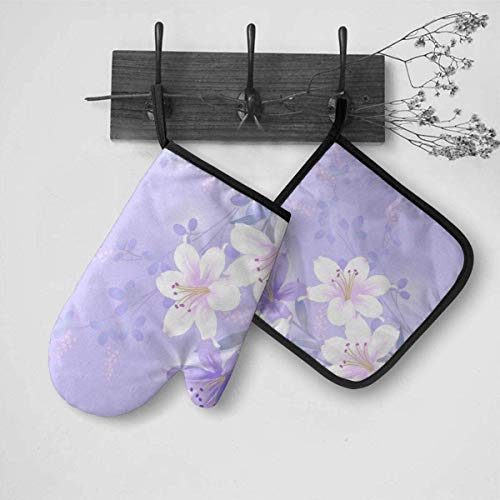 Rcivdkem Stazary Lily Lotus Heat Resistant Oven Mitts & Pot Holders Kitchen Mitten Cooking Gloves for Cooking Baking BBQ