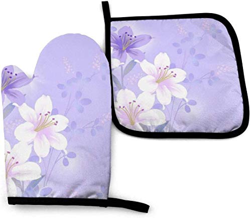 Rcivdkem Stazary Lily Lotus Heat Resistant Oven Mitts & Pot Holders Kitchen Mitten Cooking Gloves for Cooking Baking BBQ