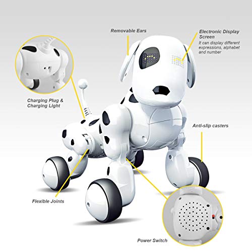 RCTecnic Perro Robot para Niños Buddy Interactivo Mascota, Sabe Cantar, Bailar y tiene Movimiento Teledirigido, Ojos con LED, Con Batería y Cable Cargador USB