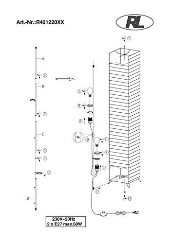 Reality Bamboo -Lampara de pie de papel blanco. Incorporado interruptor de pie. Necesarias 2 Bombillas E27 de máximo 60W excluidas., atenuación