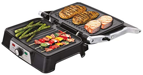 Rebajas !! Parrilla Eléctrica de contacto 3 en 1, Grill, Pannini y Plancha de Asar, Regulador de Temperatura, Apertura 180º, Superficie 28,7 x 17 cm, Acero/negro, EASY GRILL