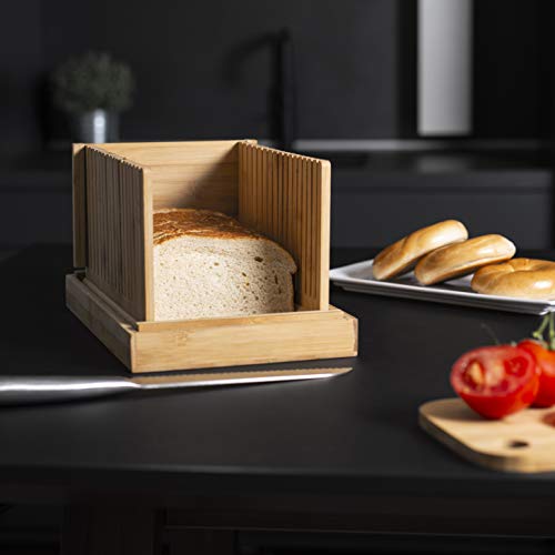 Rebanadora de pan de bambú | Tabla de cortar pan con guía | Ajustable, Plegable, Compacto | Para pasteles y panes caseros o industriales | M&W