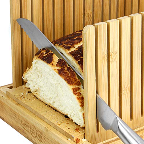 Rebanadora de pan de bambú | Tabla de cortar pan con guía | Ajustable, Plegable, Compacto | Para pasteles y panes caseros o industriales | M&W