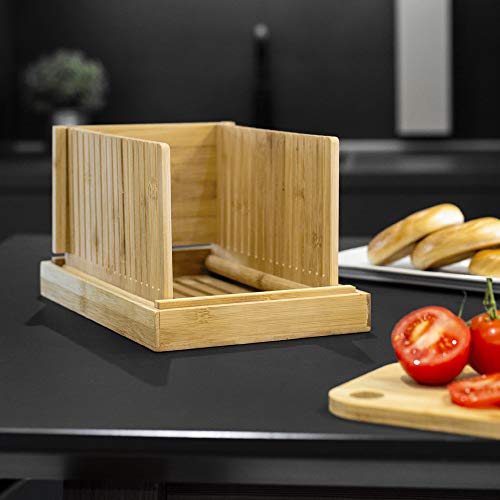 Rebanadora de pan de bambú | Tabla de cortar pan con guía | Ajustable, Plegable, Compacto | Para pasteles y panes caseros o industriales | M&W