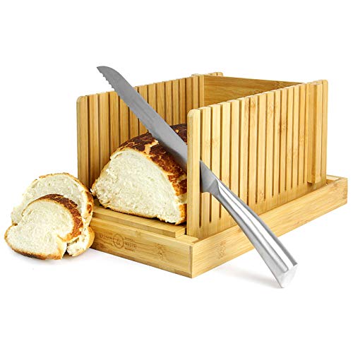 Rebanadora de pan de bambú | Tabla de cortar pan con guía | Ajustable, Plegable, Compacto | Para pasteles y panes caseros o industriales | M&W