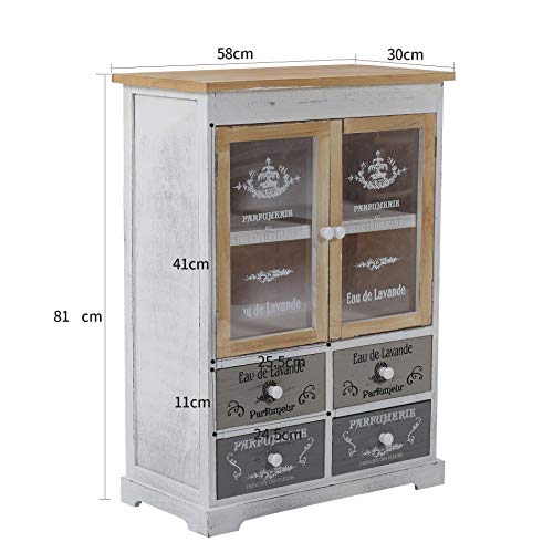 Rebecca Mobili Mueble Aparador Almacenar 4 Cajones 2 Puertas Madera Paulownia Blanco Beige Gris Shabby Cocina Salón - 81 x 58 x 30 cm (A x AN x FON) - Art. RE4479