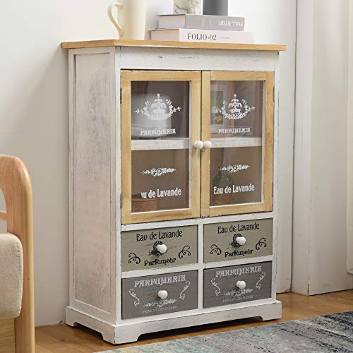 Rebecca Mobili Mueble Aparador Almacenar 4 Cajones 2 Puertas Madera Paulownia Blanco Beige Gris Shabby Cocina Salón - 81 x 58 x 30 cm (A x AN x FON) - Art. RE4479