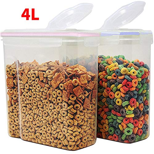 Recipiente de almacenamiento de cereales – grandes latas selladas 4L (136oz) en 2 colores, con pegatinas y cepillos, para cereales, harina, café, comida para mascotas, etc.