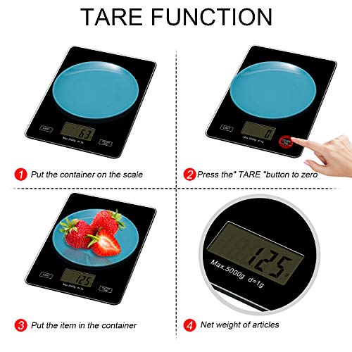 Redmoo Balanza Cocina, 5kg / 11 lbs Bascula Precision 1g, Peso Cocina Digital con Pantalla LCD Ideal para Pesar Alimentos de Recetas (Negro)