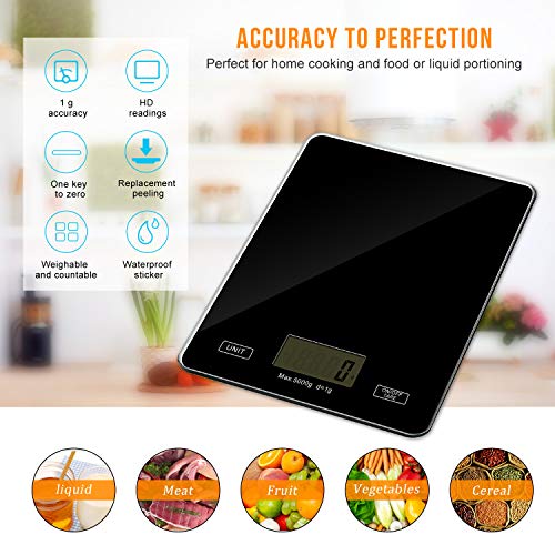 Redmoo Balanza Cocina, 5kg / 11 lbs Bascula Precision 1g, Peso Cocina Digital con Pantalla LCD Ideal para Pesar Alimentos de Recetas (Negro)