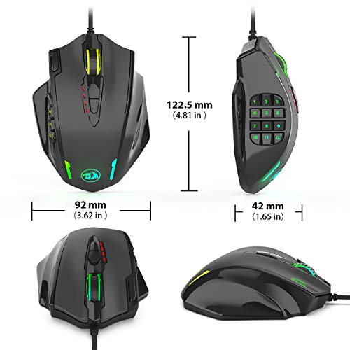 Redragon M908 Impact RGB - Mouse con cable para juegos MMO con botones laterales - Sensor óptico con 12,400 DPI, Ratón para Windows de alta precisión, 19 botones programables