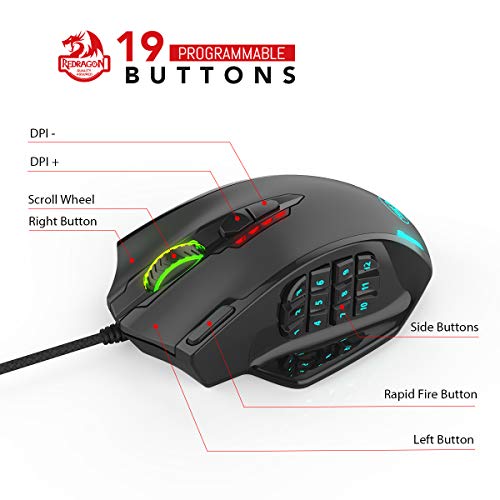 Redragon M908 Impact RGB - Mouse con cable para juegos MMO con botones laterales - Sensor óptico con 12,400 DPI, Ratón para Windows de alta precisión, 19 botones programables