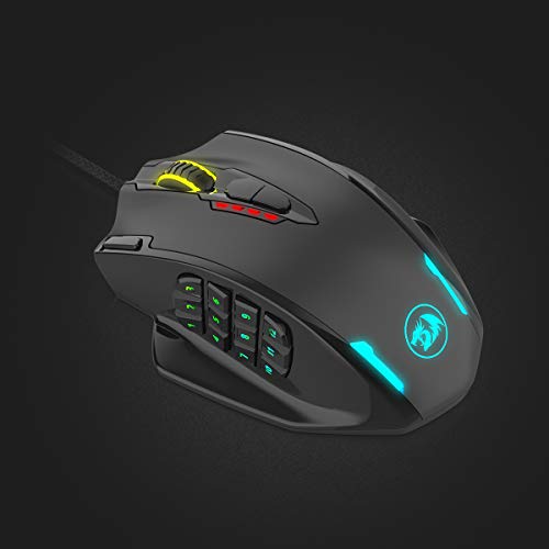 Redragon M908 Impact RGB - Mouse con cable para juegos MMO con botones laterales - Sensor óptico con 12,400 DPI, Ratón para Windows de alta precisión, 19 botones programables